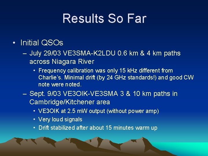 Results So Far • Initial QSOs – July 29/03 VE 3 SMA-K 2 LDU
