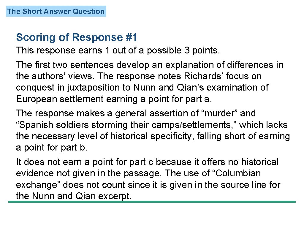 The Short Answer Question Scoring of Response #1 This response earns 1 out of