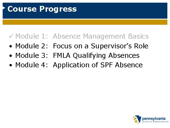 Course Progress ü Module • Module 1: 2: 3: 4: Absence Management Basics Focus