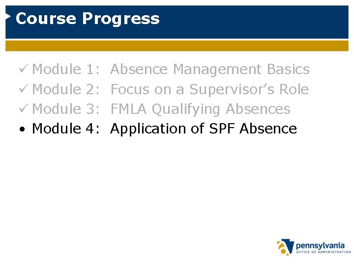 Course Progress ü Module • Module 1: 2: 3: 4: Absence Management Basics Focus