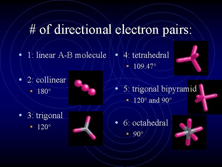 # of directional electron pairs: • 1: linear A-B molecule • 4: tetrahedral •