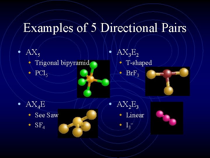 Examples of 5 Directional Pairs • AX 5 • Trigonal bipyramid • PCl 5