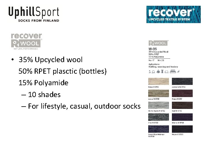  • 35% Upcycled wool 50% RPET plasctic (bottles) 15% Polyamide – 10 shades