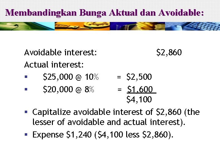 Membandingkan Bunga Aktual dan Avoidable: Avoidable interest: Actual interest: § $25, 000 @ 10%
