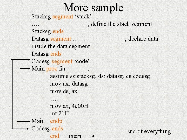 More sample Stacksg segment ‘stack’ …. ; define the stack segment Stacksg ends Datasg