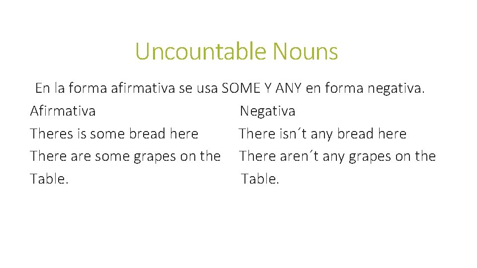 Uncountable Nouns En la forma afirmativa se usa SOME Y ANY en forma negativa.