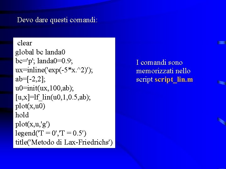 Devo dare questi comandi: clear global bc landa 0 bc='p'; landa 0=0. 9; ux=inline('exp(-5*x.