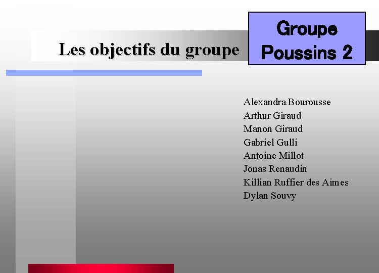 Les objectifs du groupe Groupe Poussins 2 Alexandra Bourousse Arthur Giraud Manon Giraud Gabriel