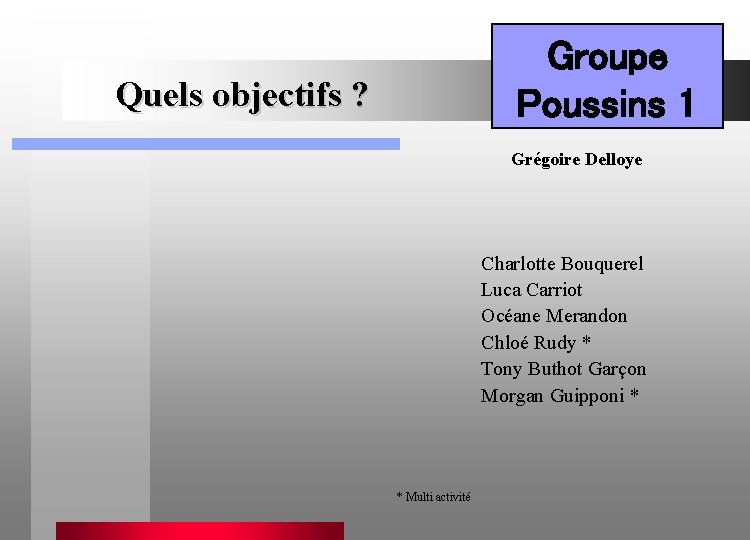 Groupe Poussins 1 Quels objectifs ? Grégoire Delloye Charlotte Bouquerel Luca Carriot Océane Merandon