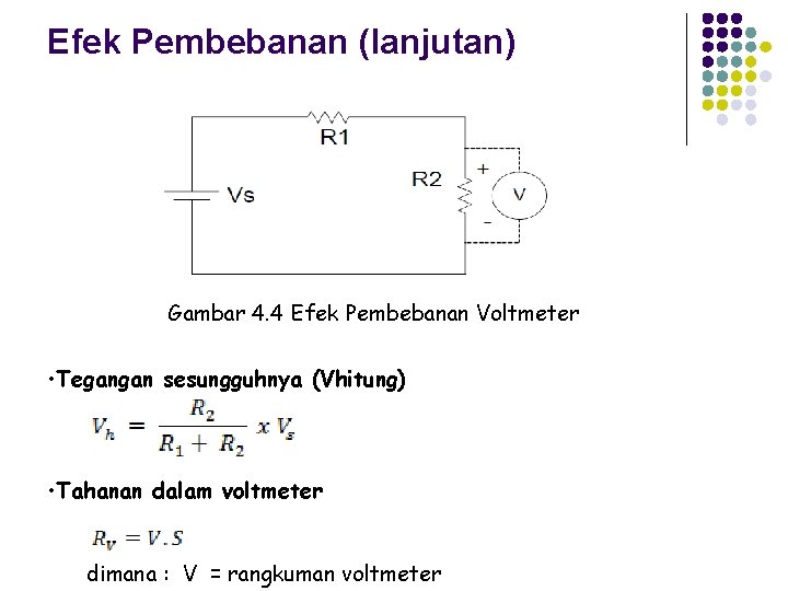 Efek Pembebanan (lanjutan) Gambar 4. 4 Efek Pembebanan Voltmeter • Tegangan sesungguhnya (Vhitung) •