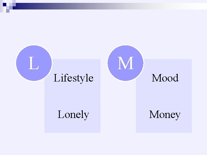 L Lifestyle Lonely M Mood Money 