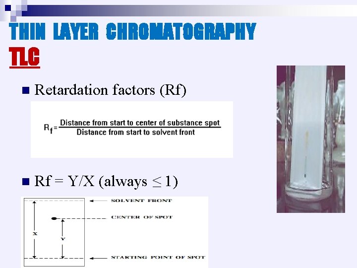 THIN LAYER CHROMATOGRAPHY TLC n Retardation factors (Rf) n Rf = Y/X (always ≤