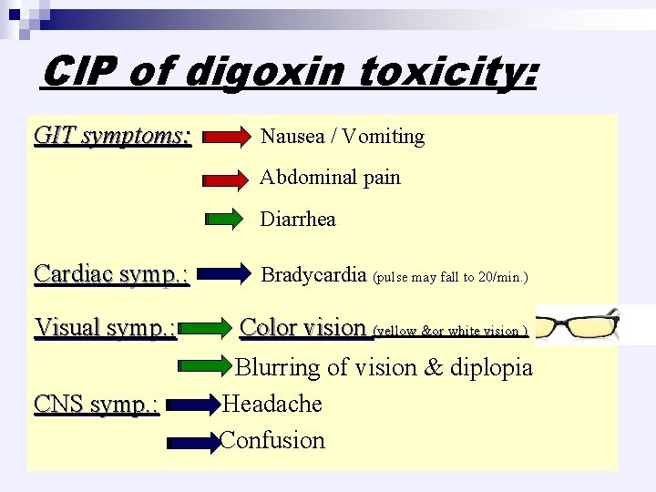 Cl. P of digoxin toxicity: GIT symptoms: Nausea / Vomiting Abdominal pain Diarrhea Cardiac