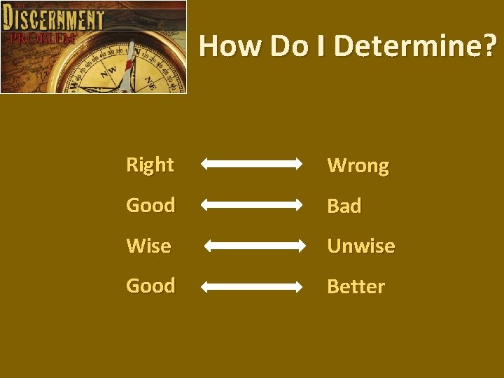 How Do I Determine? Right Wrong Good Bad Wise Unwise Good Better 