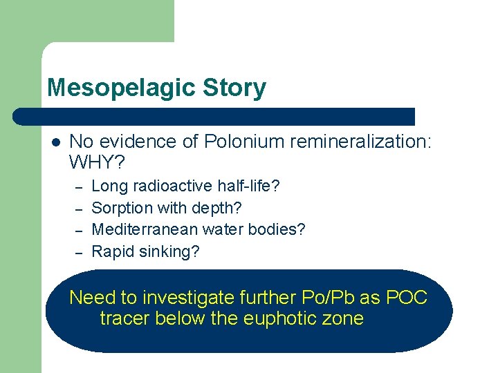 Mesopelagic Story l No evidence of Polonium remineralization: WHY? – – l Long radioactive