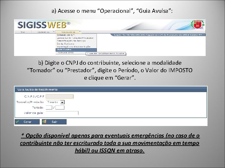  a) Acesse o menu “Operacional”, “Guia Avulsa”: b) Digite o CNPJ do contribuinte,