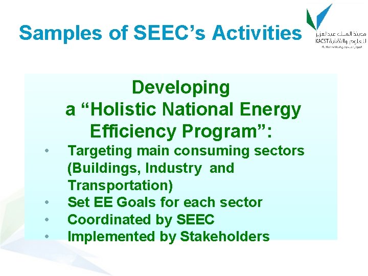 Samples of SEEC’s Activities Developing a “Holistic National Energy Efficiency Program”: • • Targeting