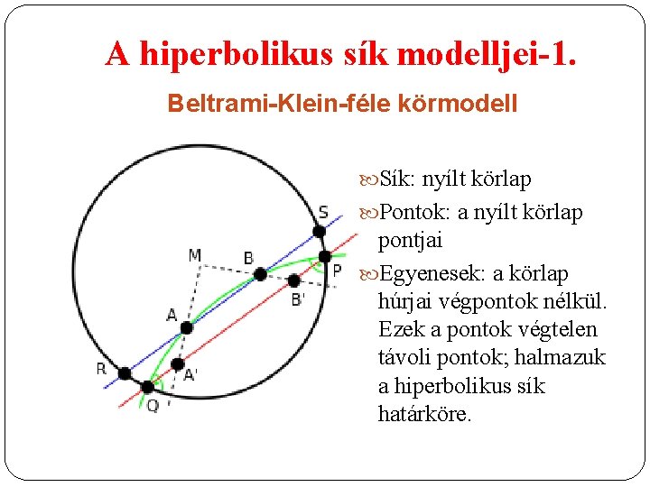 A hiperbolikus sík modelljei-1. Beltrami-Klein-féle körmodell Sík: nyílt körlap Pontok: a nyílt körlap pontjai
