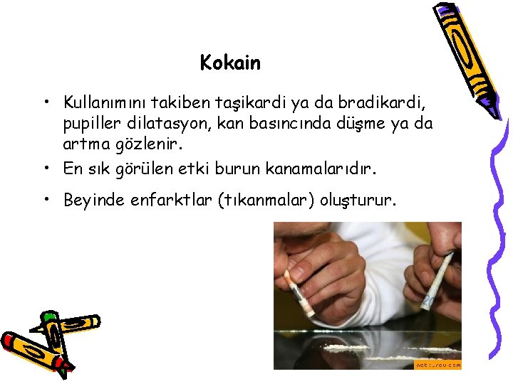 Kokain • Kullanımını takiben taşikardi ya da bradikardi, pupiller dilatasyon, kan basıncında düşme ya