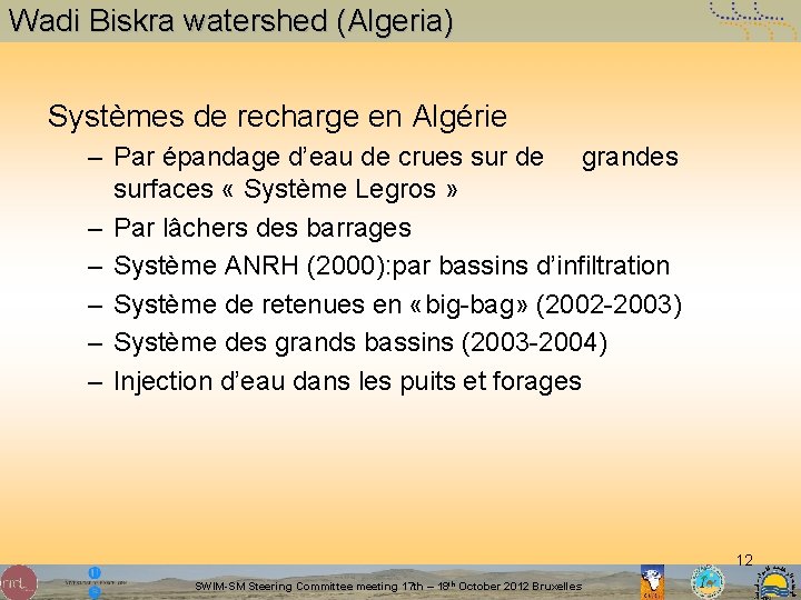 Wadi Biskra watershed (Algeria) Systèmes de recharge en Algérie – Par épandage d’eau de