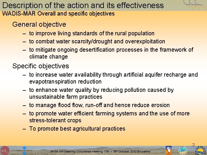 Description of the action and its effectiveness WADIS-MAR Overall and specific objectives General objective