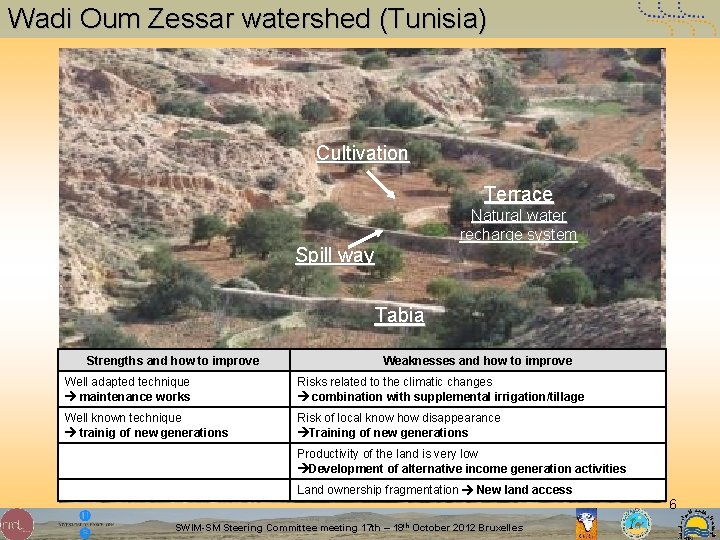 Wadi Oum Zessar watershed (Tunisia) Cultivation Terrace Natural water recharge system Spill way Tabia