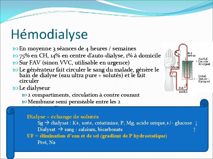 Hémodialyse En moyenne 3 séances de 4 heures / semaines 75% en CH, 14%