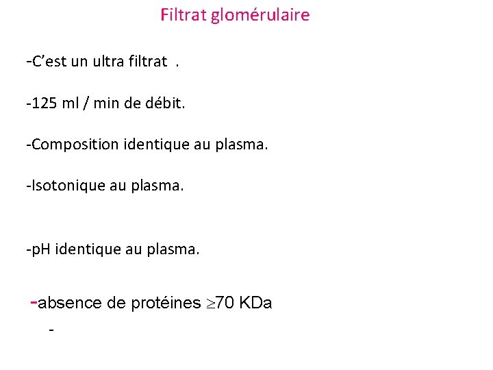 Filtrat glomérulaire -C’est un ultra filtrat. -125 ml / min de débit. -Composition identique