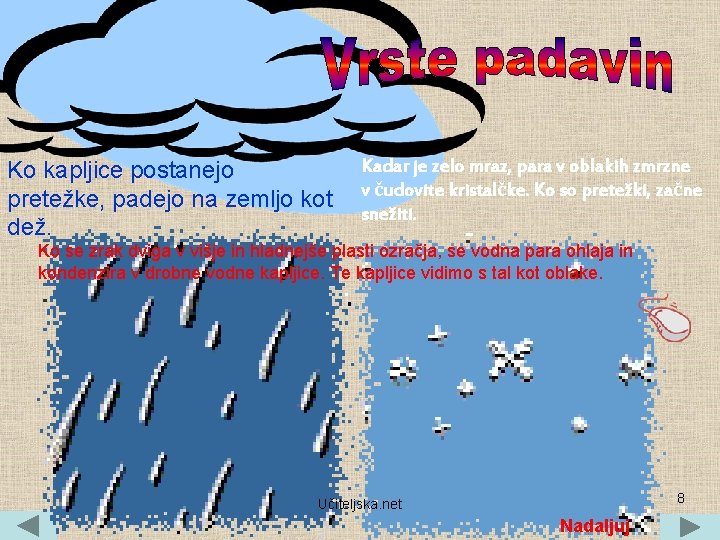 Ko kapljice postanejo pretežke, padejo na zemljo kot dež. Kadar je zelo mraz, para