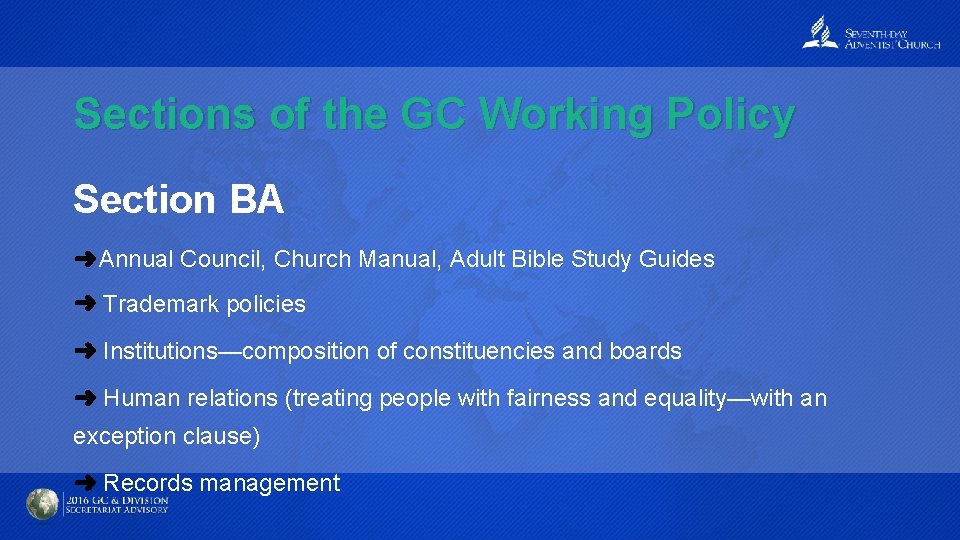 Sections of the GC Working Policy Section BA ➜ Annual Council, Church Manual, Adult