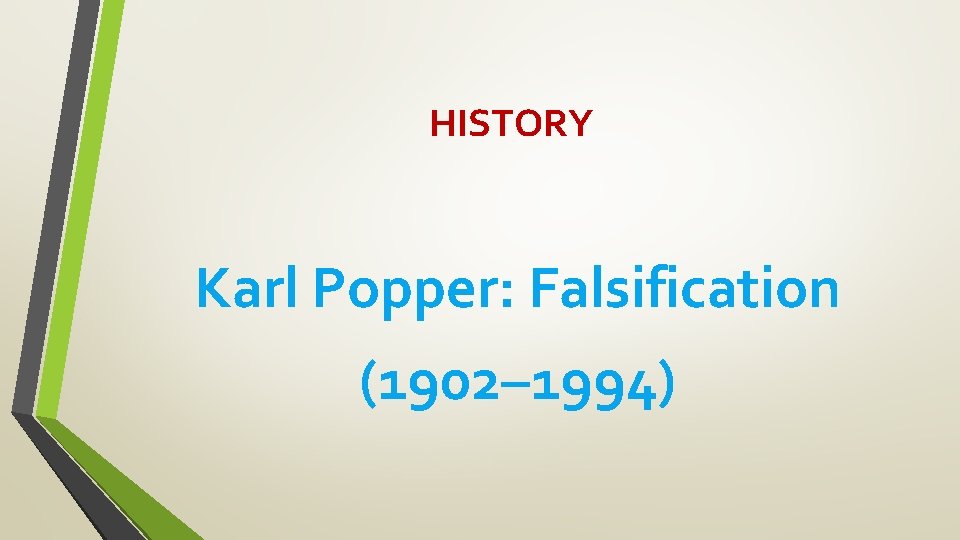 HISTORY Karl Popper: Falsification (1902– 1994) 