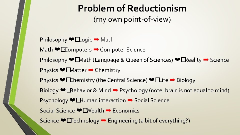 Problem of Reductionism (my own point-of-view) Philosophy ❤�Logic ➡ Math ❤�Computers ➡ Computer Science