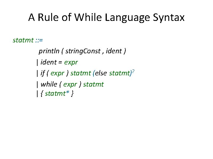 A Rule of While Language Syntax statmt : : = println ( string. Const A Rule of While Language Syntax statmt : : = println ( string. Const