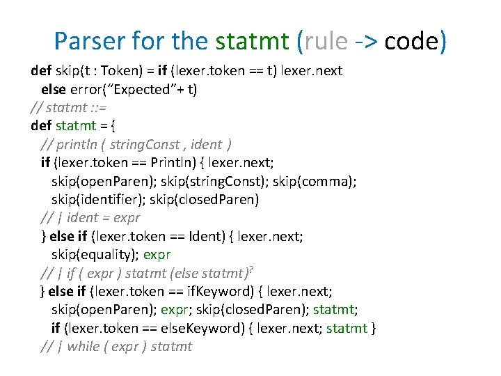 Parser for the statmt (rule -> code) def skip(t : Token) = if (lexer. Parser for the statmt (rule -> code) def skip(t : Token) = if (lexer.