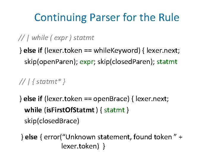 Continuing Parser for the Rule // | while ( expr ) statmt } else Continuing Parser for the Rule // | while ( expr ) statmt } else