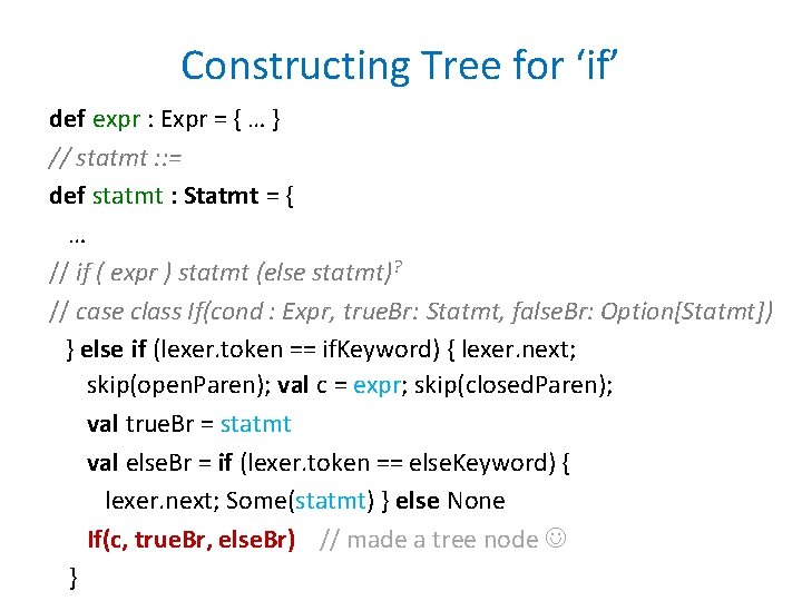 Constructing Tree for ‘if’ def expr : Expr = { … } // statmt Constructing Tree for ‘if’ def expr : Expr = { … } // statmt
