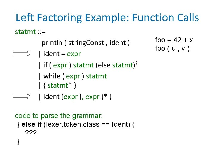 Left Factoring Example: Function Calls statmt : : = println ( string. Const , Left Factoring Example: Function Calls statmt : : = println ( string. Const ,