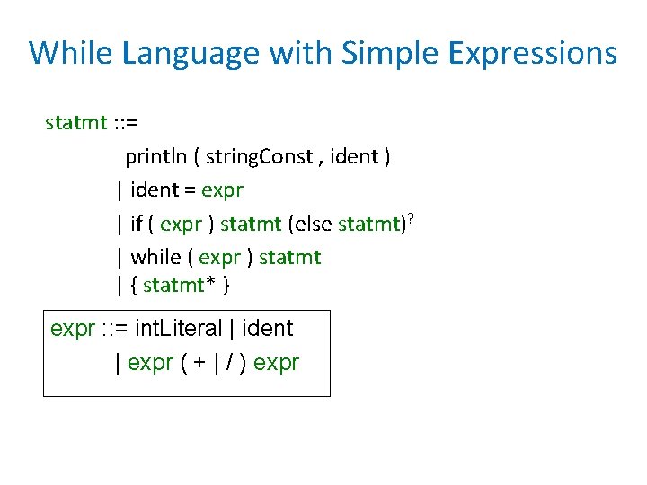 While Language with Simple Expressions statmt : : = println ( string. Const , While Language with Simple Expressions statmt : : = println ( string. Const ,