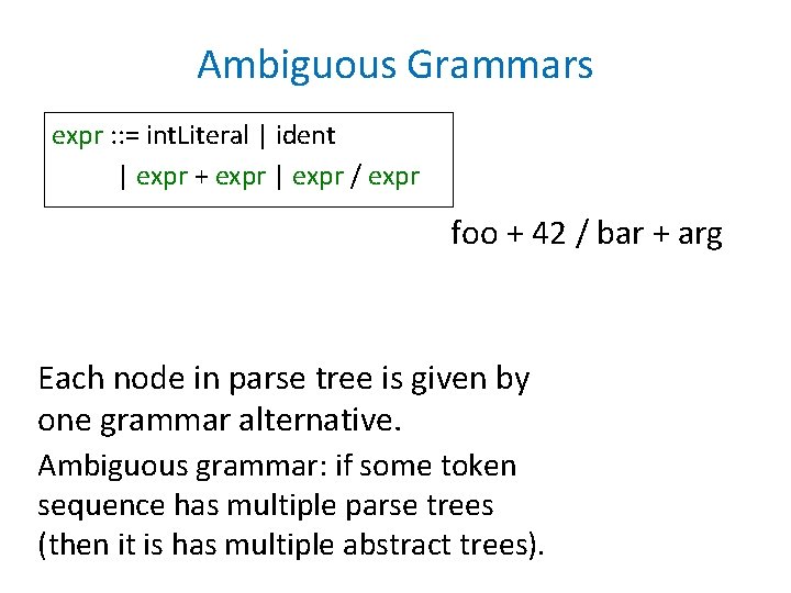 Ambiguous Grammars expr : : = int. Literal | ident | expr + expr Ambiguous Grammars expr : : = int. Literal | ident | expr + expr