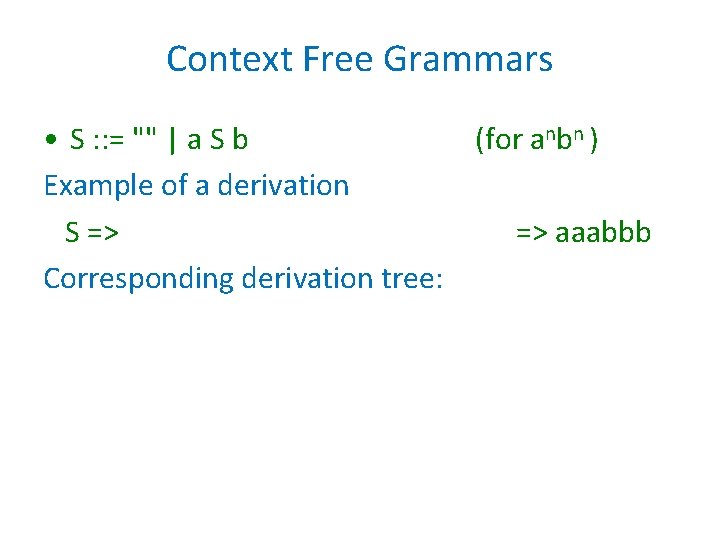 Context Free Grammars • S : : = "" | a S b (for Context Free Grammars • S : : = "" | a S b (for
