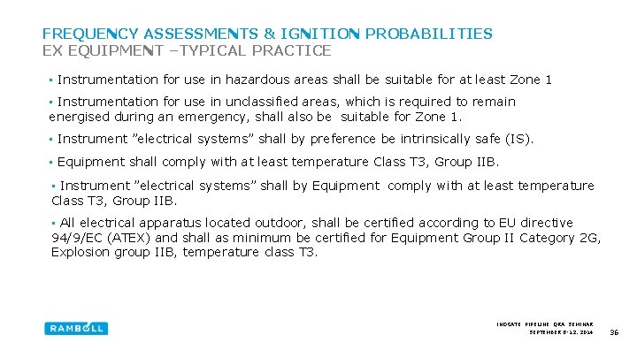 FREQUENCY ASSESSMENTS & IGNITION PROBABILITIES EX EQUIPMENT –TYPICAL PRACTICE • Instrumentation for use in