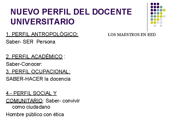 NUEVO PERFIL DEL DOCENTE UNIVERSITARIO 1. PERFIL ANTROPOLÓGICO: Saber- SER Persona 2. PERFIL ACADÉMICO