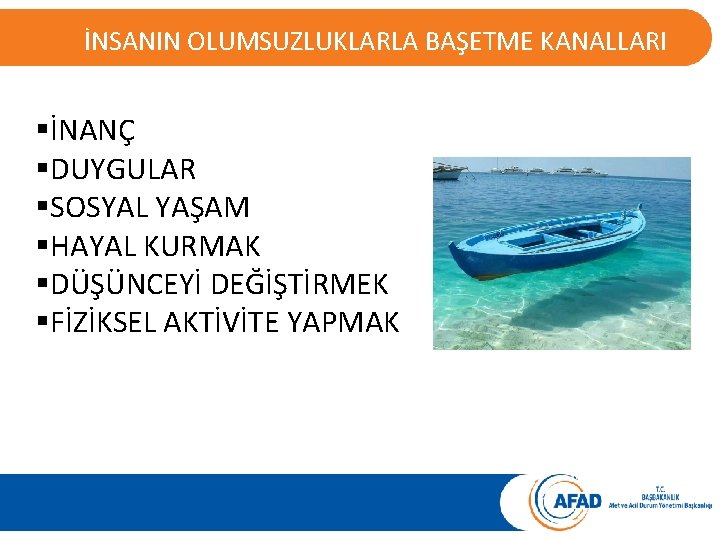 İNSANIN OLUMSUZLUKLARLA BAŞETME KANALLARI §İNANÇ §DUYGULAR §SOSYAL YAŞAM §HAYAL KURMAK §DÜŞÜNCEYİ DEĞİŞTİRMEK §FİZİKSEL AKTİVİTE