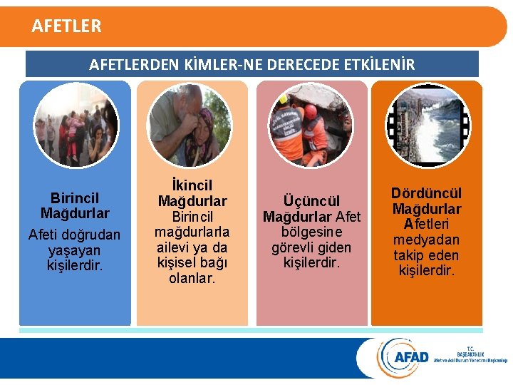 AFETLERDEN KİMLER-NE DERECEDE ETKİLENİR Birincil Mağdurlar Afeti doğrudan yaşayan kişilerdir. İkincil Mağdurlar Birincil mağdurlarla