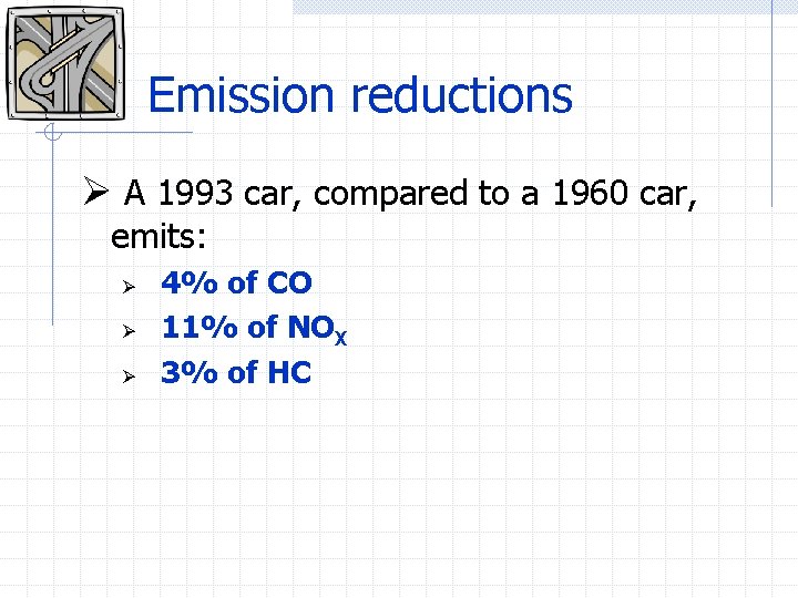 Emission reductions Ø A 1993 car, compared to a 1960 car, emits: Ø Ø