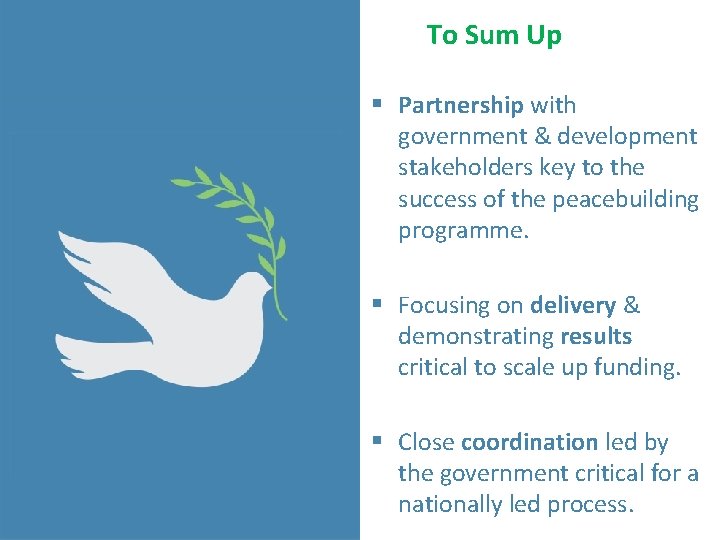 To Sum Up § Partnership with government & development stakeholders key to the success