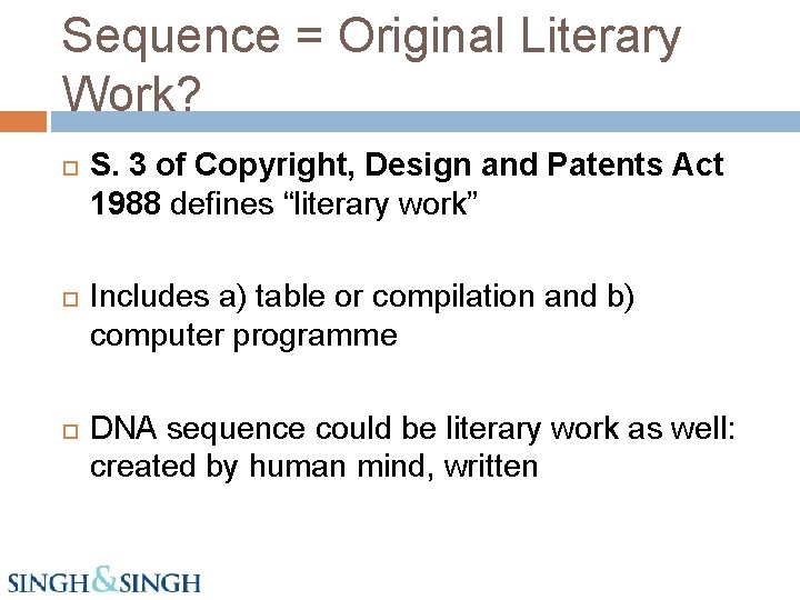 Sequence = Original Literary Work? S. 3 of Copyright, Design and Patents Act 1988