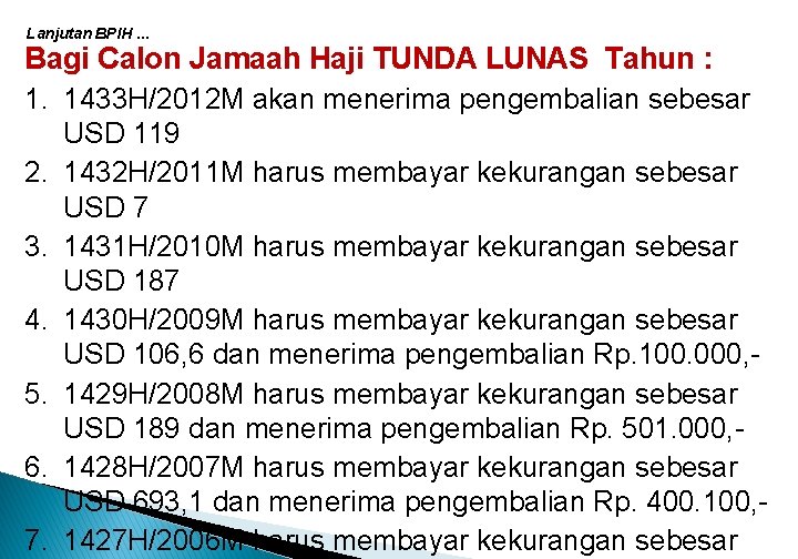 Lanjutan BPIH. . . Bagi Calon Jamaah Haji TUNDA LUNAS Tahun : 1. 1433