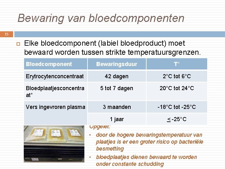 Bewaring van bloedcomponenten 25 Elke bloedcomponent (labiel bloedproduct) moet bewaard worden tussen strikte temperatuursgrenzen.