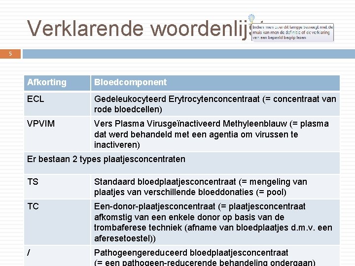 Verklarende woordenlijst 5 Afkorting Bloedcomponent ECL Gedeleukocyteerd Erytrocytenconcentraat (= concentraat van rode bloedcellen) VPVIM